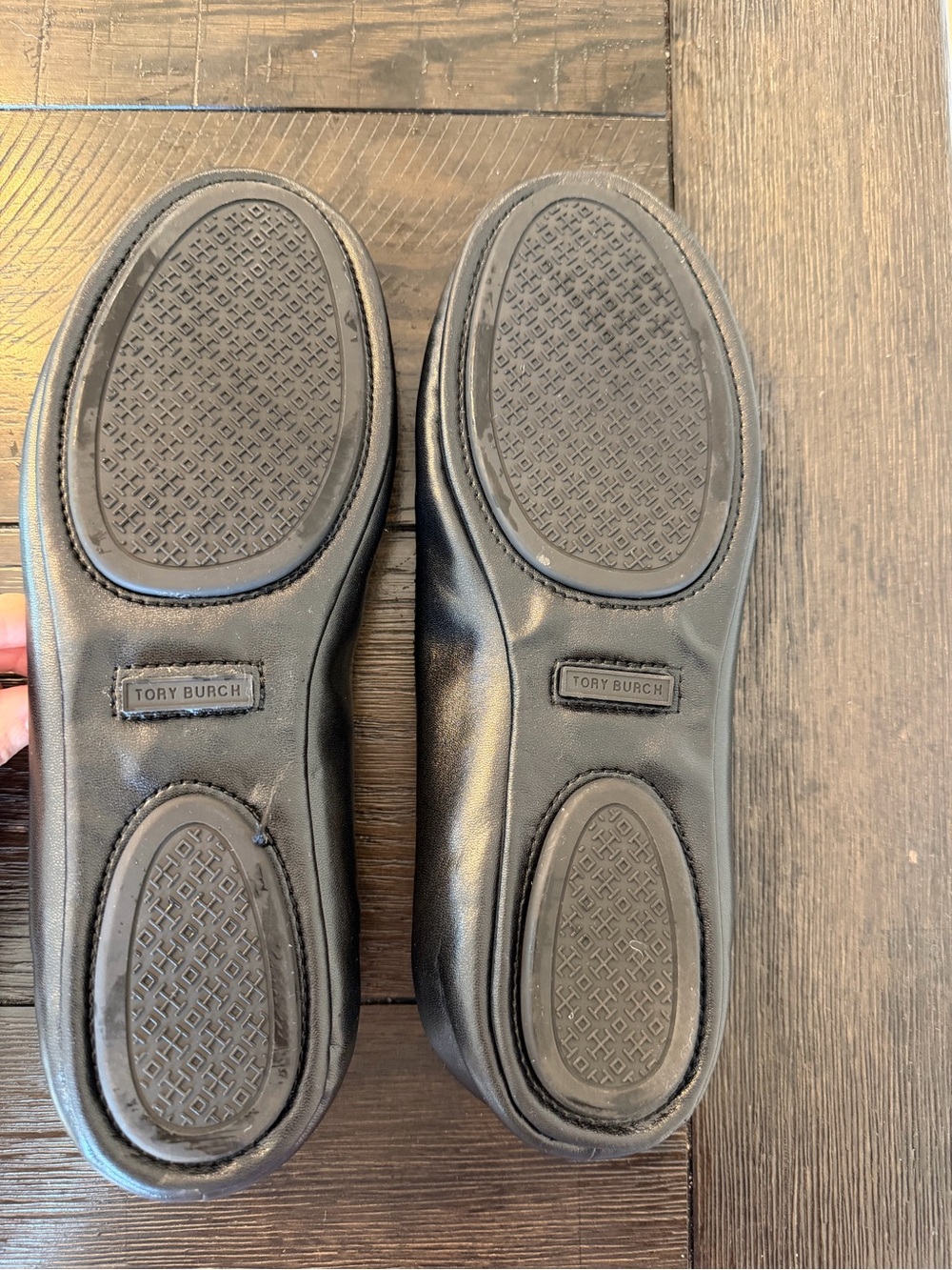 Tory Burch Black Leather Ballet Flats with Gold Logo Medallion - Picture 4 of 5